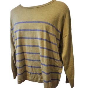 EILEEN FISHER Peridot Green Gray Stripe Merino Jersey Boxy Sweater XL